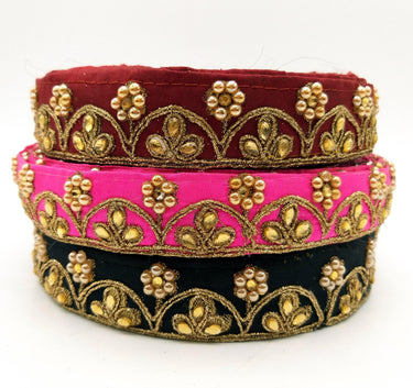 Fuchsia Silk Fabric Lace Trim Floral Embroidery & Indian Stones Kundan Embellishment, Decorative Sari Trim, Floral Border Trim By Yard